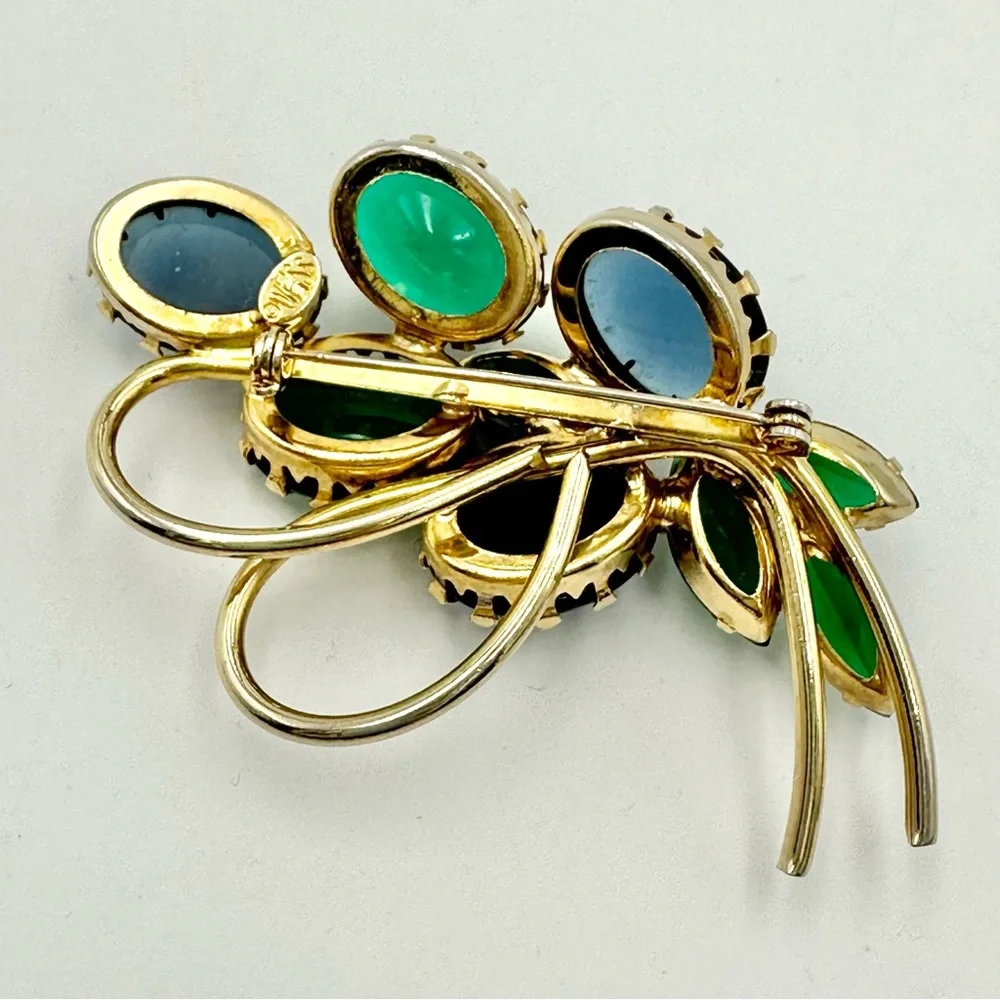 Vintage Weiss Blue and Green Cabochon Bouquet Brooch Signed